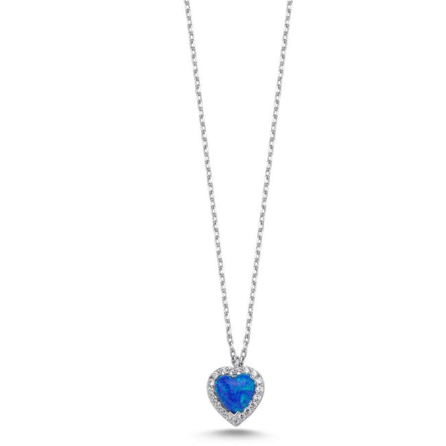 Minimal Women's Silver Necklace with Blue Opal Heart Stone - 1