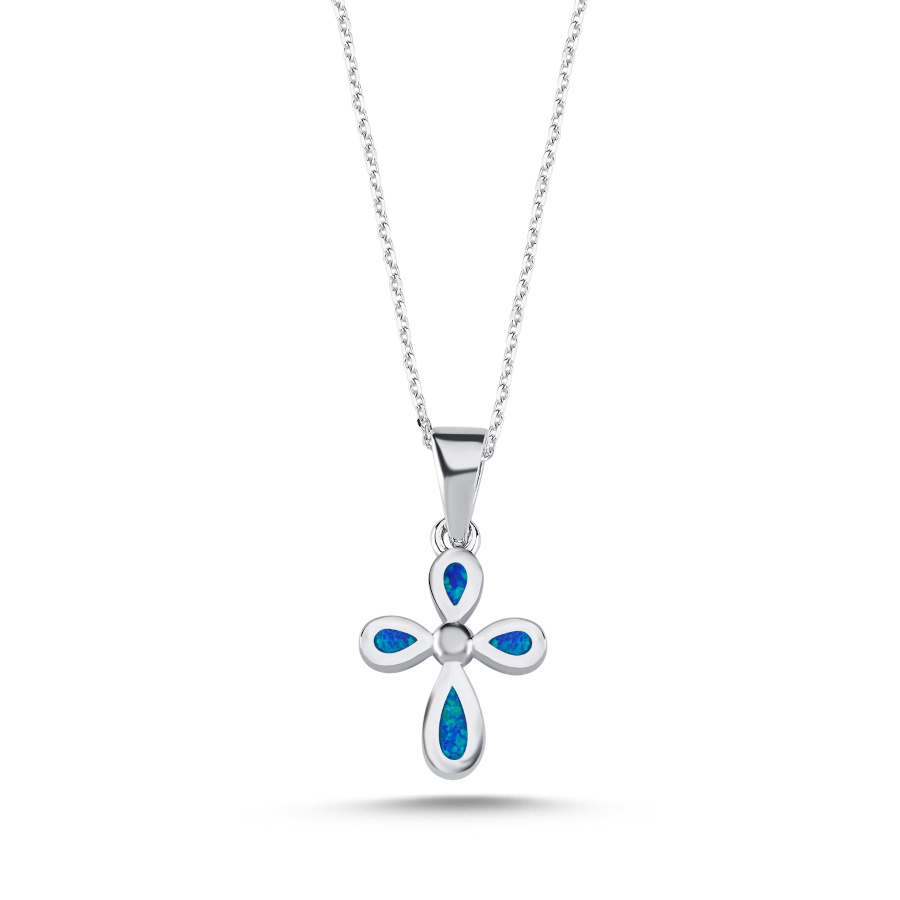 Mavi Opal Taşlı Haç Kadın Gümüş Kolye - CNG Jewels