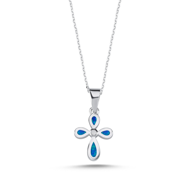 Blue Opal Stone Cross Women's Silver Necklace - 1