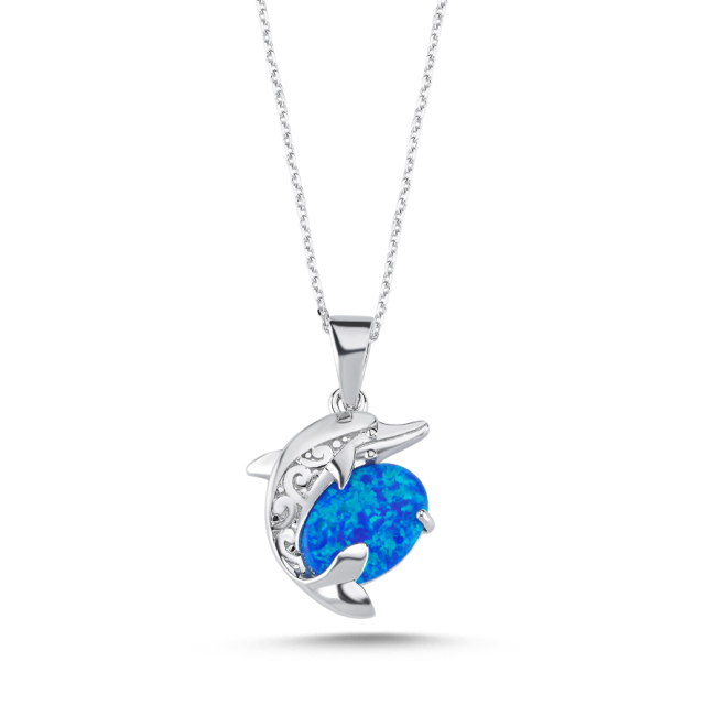 Blue Opal Stone Dolphin Women's Silver Necklace - 1
