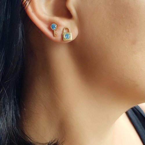 Blue Stone Key Lock Gold Silver Women's Earrings - CNG Jewels