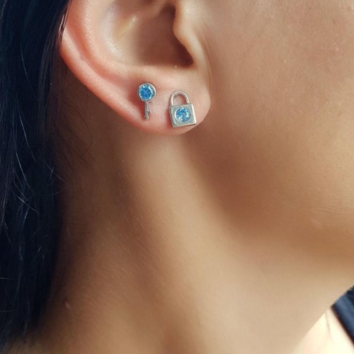 Blue Stone Key Lock Silver Women's Earrings - CNG Jewels