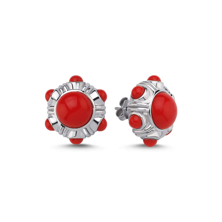 Mercan Kırmızı Vintage Gümüş Kadın Küpe - CNG Jewels