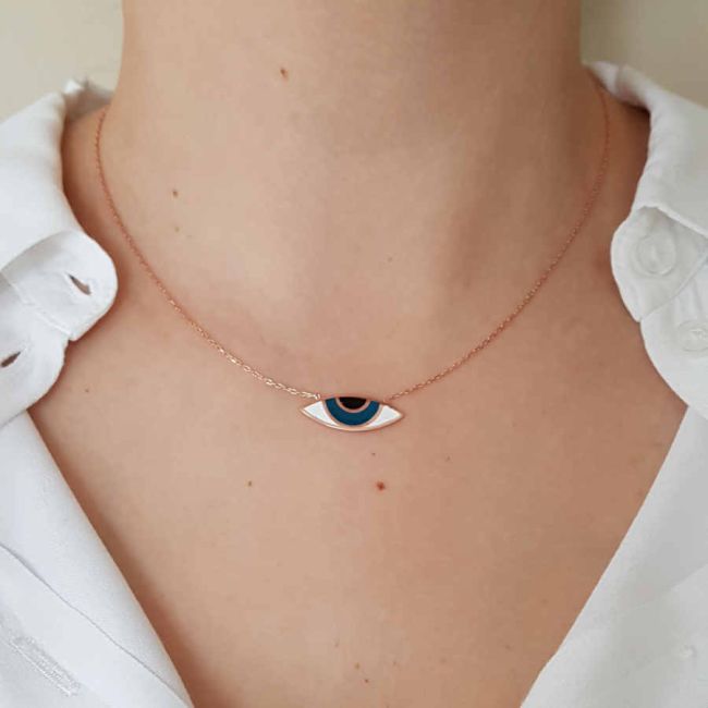 Enameled Eye-Shaped Rose Women's Silver Necklace - 2