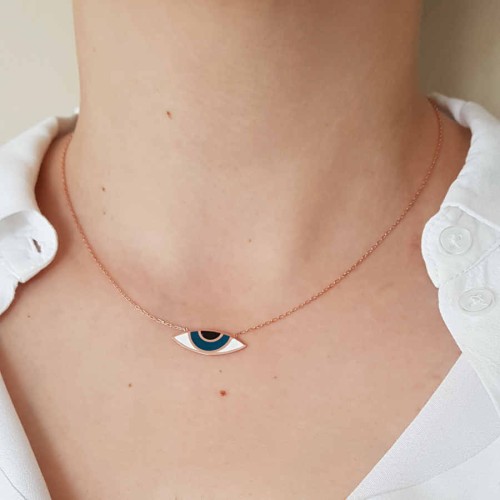 Enameled Eye-Shaped Rose Women's Silver Necklace - 3