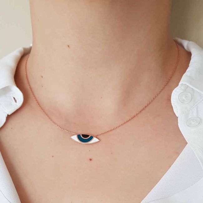 Enameled Eye-Shaped Rose Women's Silver Necklace - 3