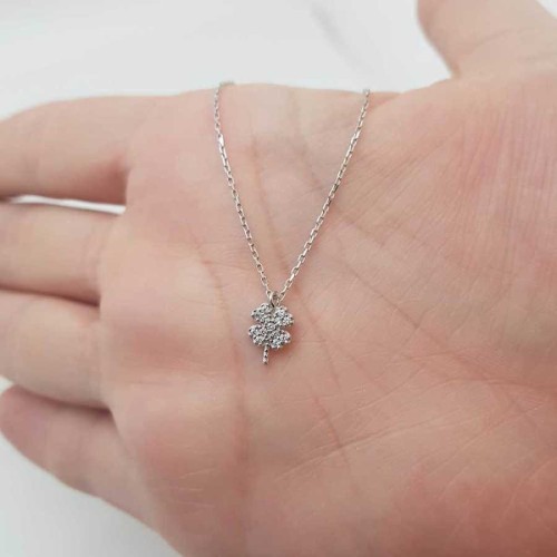 Mini Four Leaf Clover Stone Silver Women's Necklace - 2