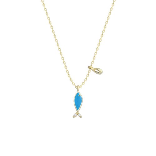 Mini Blue Enameled Fish and Oyster Silver Women's Necklace - 1