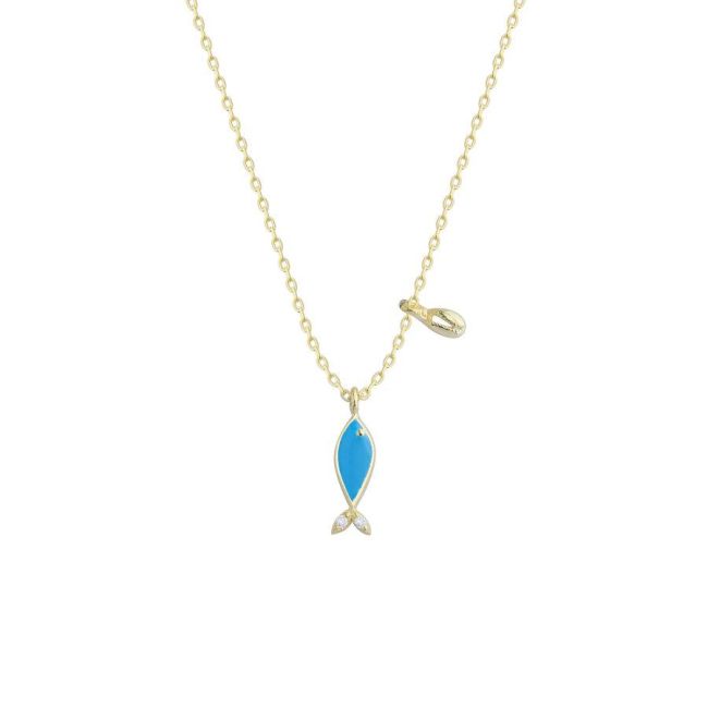 Mini Blue Enameled Fish and Oyster Silver Women's Necklace - 1