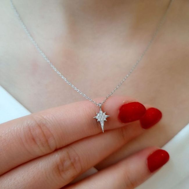 Small Stone Pole Star Silver Women's Necklace - 3