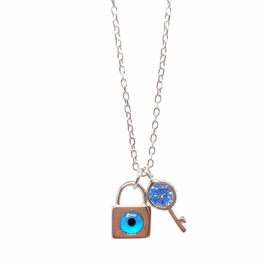 Minimal Anahtar Nazar Göz Kilit Gümüş Kolye - CNG Jewels