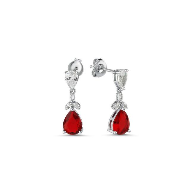 Minimal Drop Ruby Dangle Silver Women's Earrings - 1