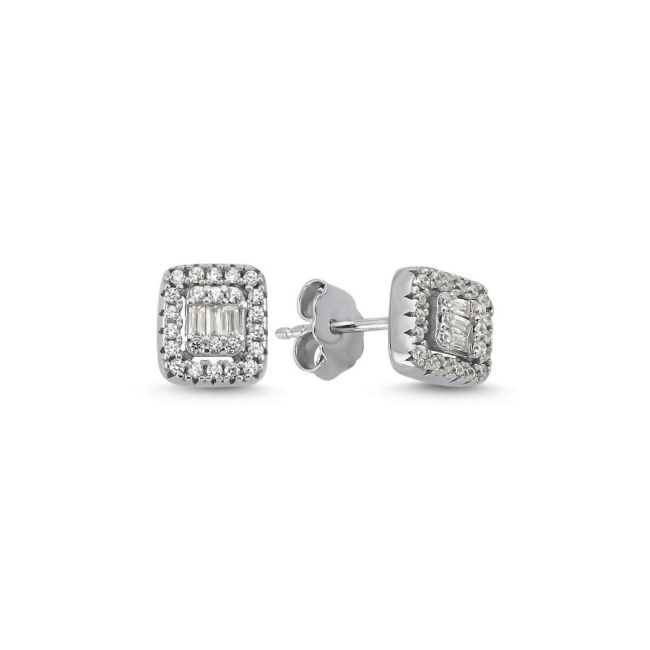 Minimal Square Baguette Stone Women's Silver Earrings - 1