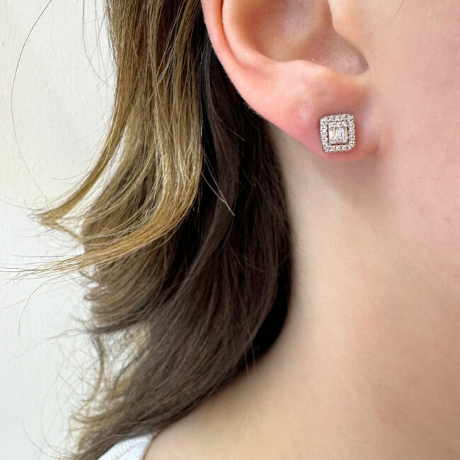 Minimal Square Baguette Stone Women's Silver Earrings - 2