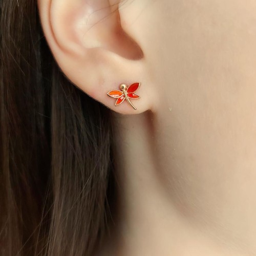 Minimal Red Enamel Dragonfly Silver Women's Earrings - CNG Jewels
