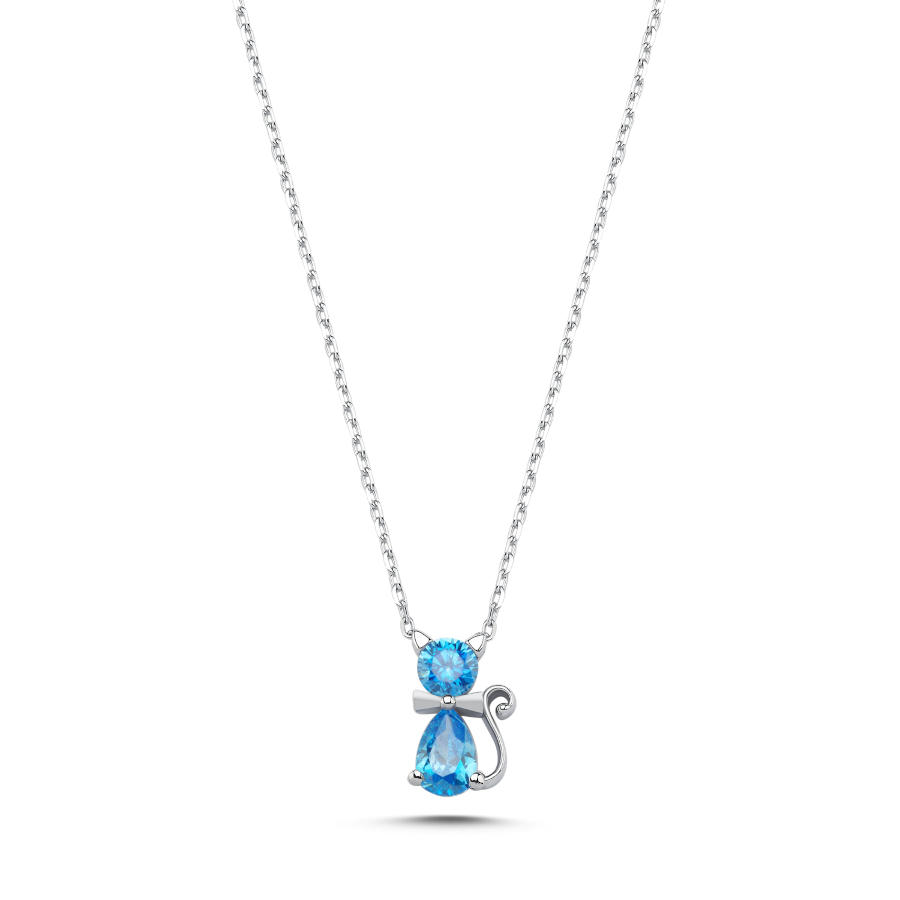 Minimal Mavi Taşlı Kedi Kadın Gümüş Kolye - CNG Jewels