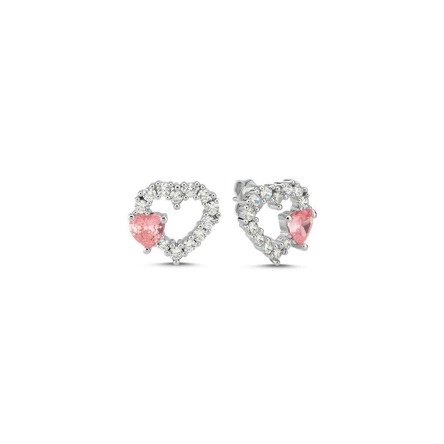 Minimal Pembe Beyaz Taşlı Kalp Gümüş Küpe - CNG Jewels