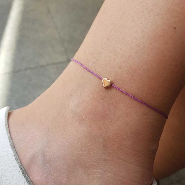 Minimal Rose Heart Purple String Silver Anklet - 1