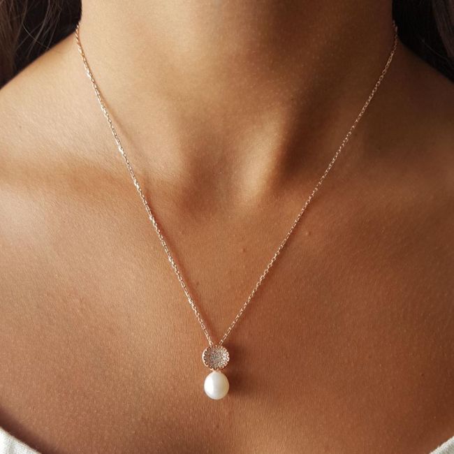 Minimal Stone Drop Real Pearl Rose Women's Silver Necklace - 1