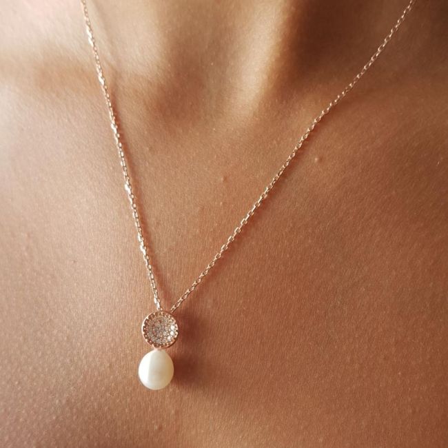 Minimal Stone Drop Real Pearl Rose Women's Silver Necklace - 2