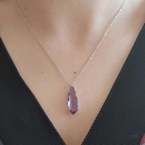 Modern Damla Kesim Ametist Taşlı Gümüş Kadın Kolye - 1