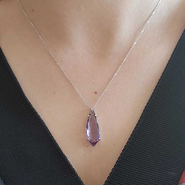 Modern Damla Kesim Ametist Taşlı Gümüş Kadın Kolye - 1