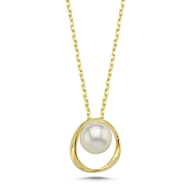 Modern Tasarım Gerçek İncili Gold Gümüş Kolye - 1