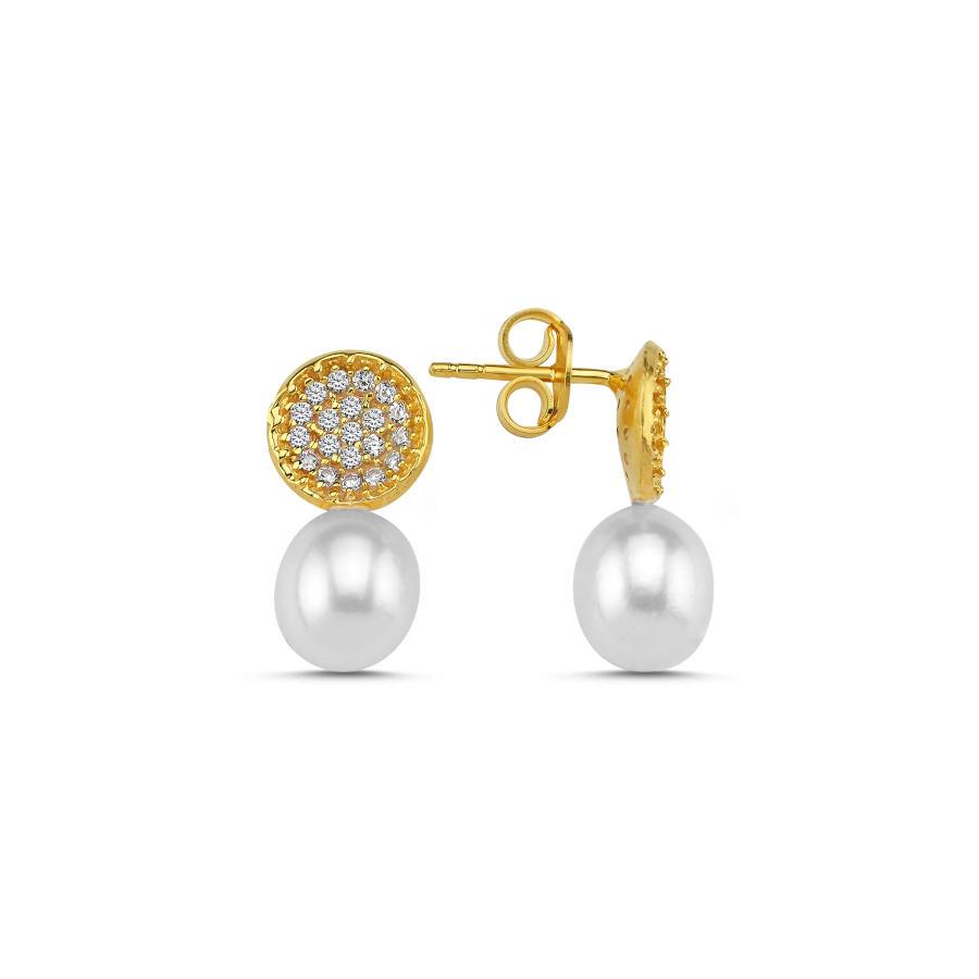 Modern Taşlı Doğal Damla İncili Gold Gümüş Kadın Küpe - CNG Jewels