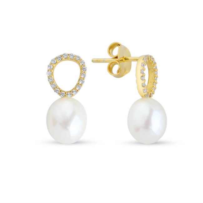 Modern Taşlı Gold Gümüş Gerçek İnci Küpe - 1