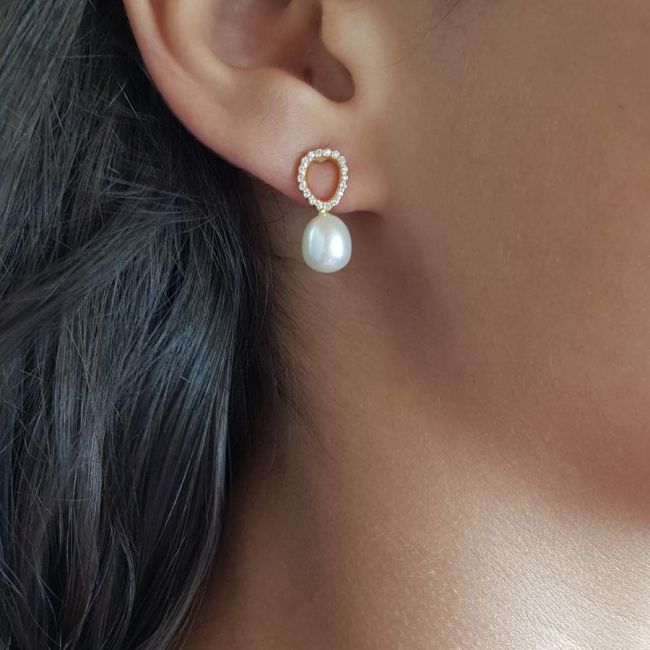 Modern Stone Hoop Natural Drop Pearl Silver Women's Earrings - 2
