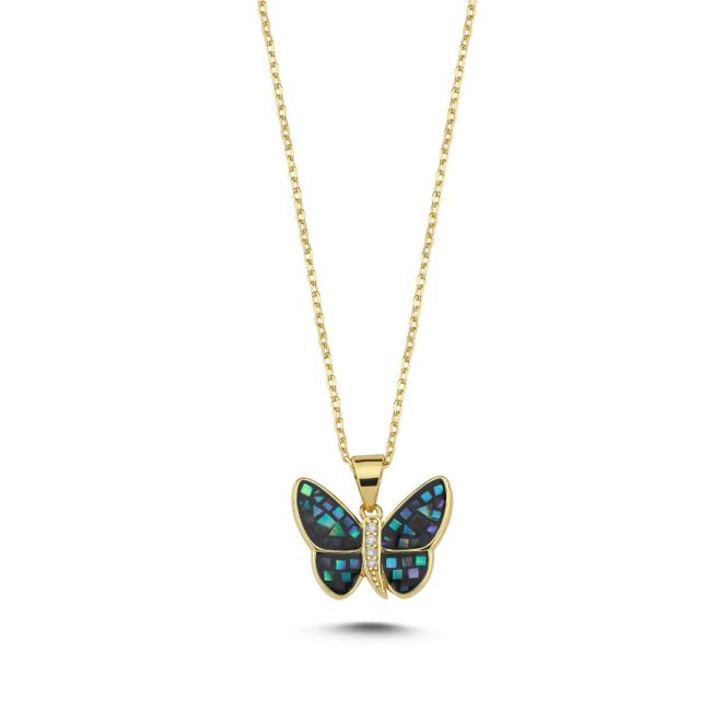 Mosaic Mother of Pearl Butterfly Silver Women's Necklace - 1