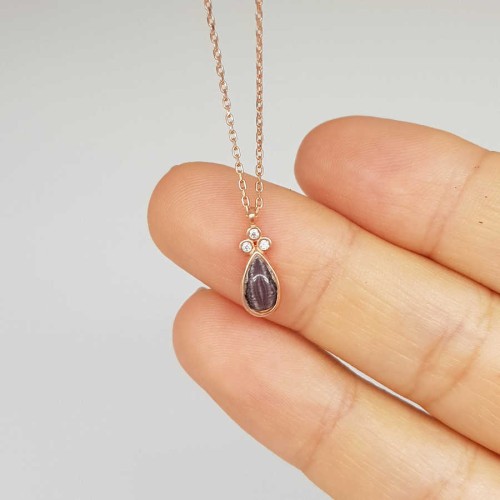 Mürdüm Küçük Damla Kedi Gözü Rose Gümüş Kadın Kolye - CNG Jewels