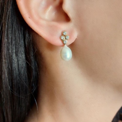 Natural Drop Pearl with Four Stone Earrings - Thumbnail