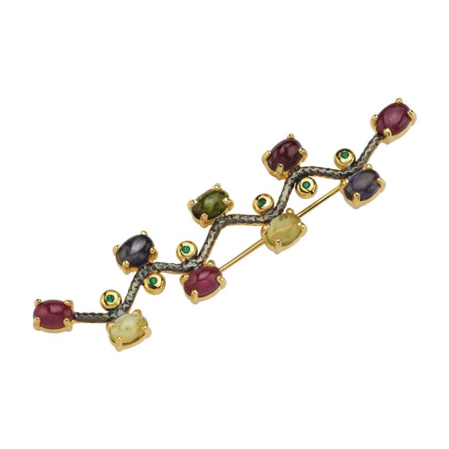 Natural Mix Color Design Snake Silver Brooch - 1