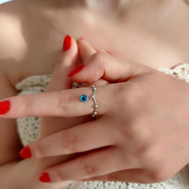 Evil Eye Bead Silver Women's Ring - 1