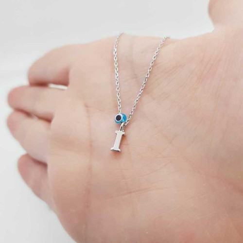 Evil Eye Beaded Letter I Silver Women's Necklace 