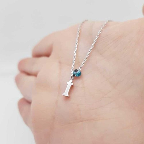 Evil Eye Beaded Letter I Silver Women's Necklace - 1