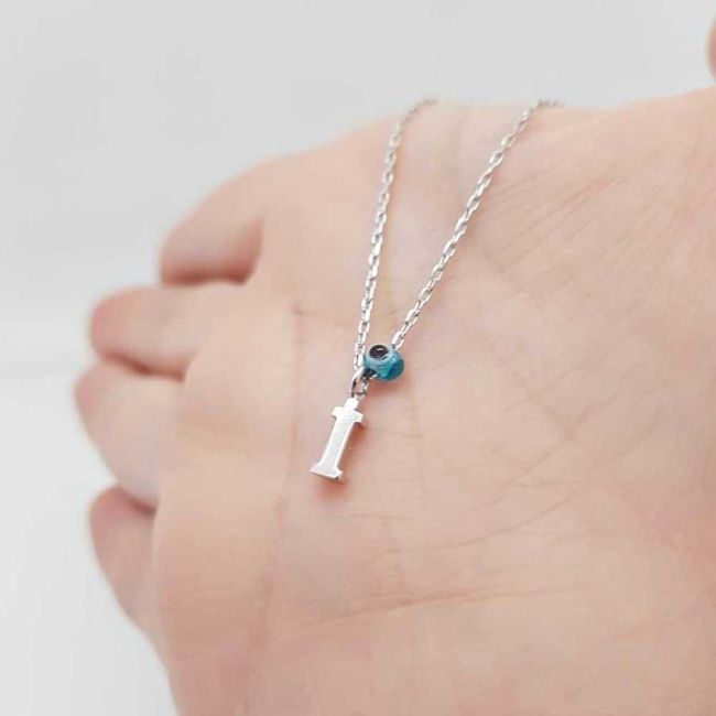 Evil Eye Beaded Letter I Silver Women's Necklace - 1