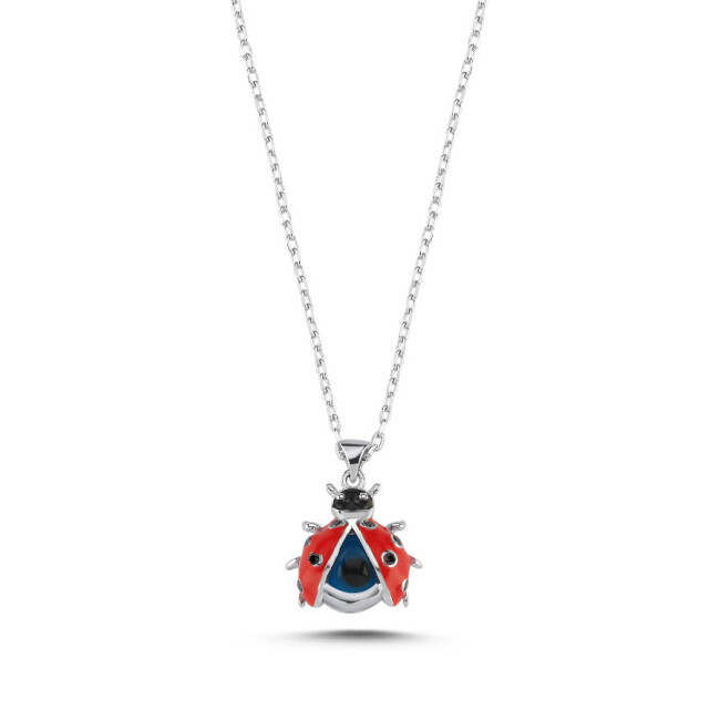 Minimal Ladybug Silver Necklace with Evil Eye Bead - 1