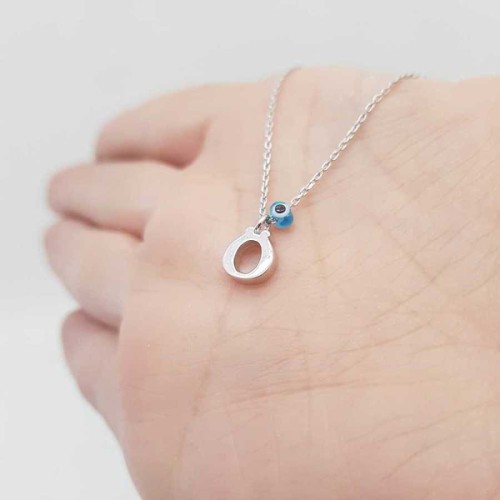 Evil Eye Beaded Letter Ö Silver Women's Necklace 