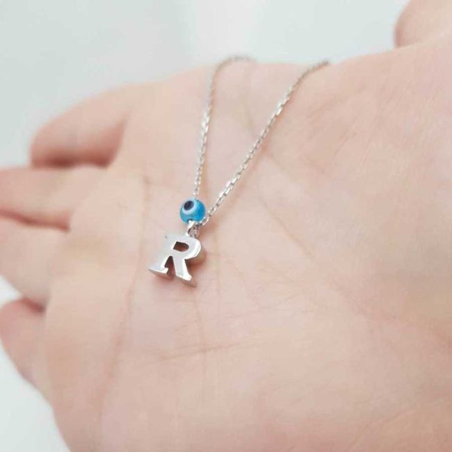 Evil Eye Beaded Letter R Silver Women's Necklace - 1