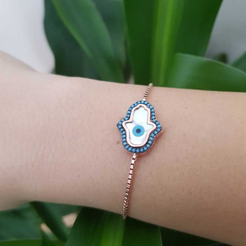 Evil Eye Beaded Mother of Pearl Fatima Hand Silver Elevator Bracelet - CNG Jewels