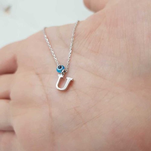 Evil Eye Beaded Letter U Silver Women's Necklace 
