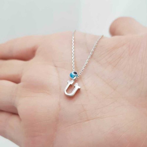 Evil Eye Beaded Letter U Silver Women's Necklace 