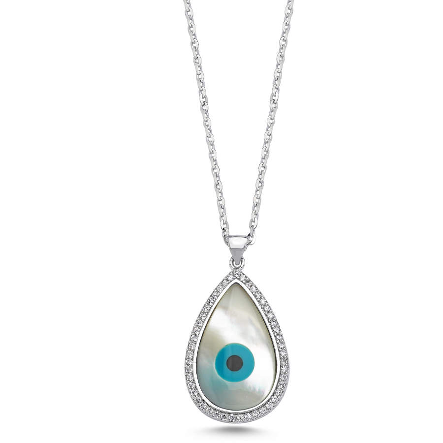Evil Eye Drop Mother of Pearl Stone Women's Silver Necklace - CNG Jewels
