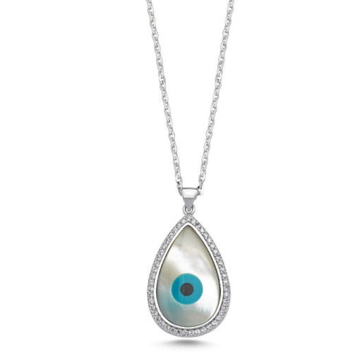 Evil Eye Drop Mother of Pearl Stone Women's Silver Necklace - CNG Jewels