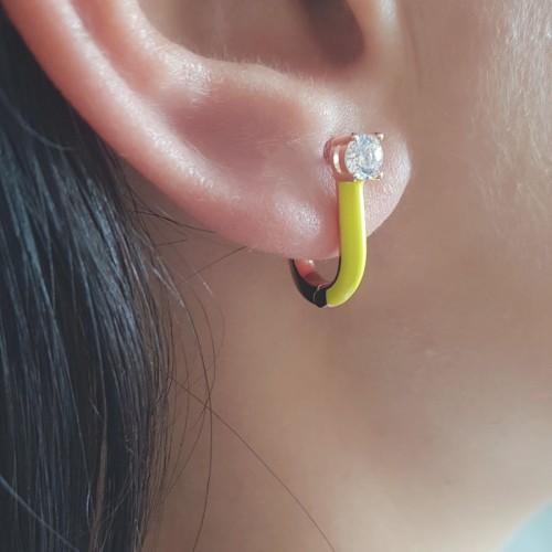 Neon Sarı Mineli Tektaşlı Halka Gümüş Kadın Küpe - 1