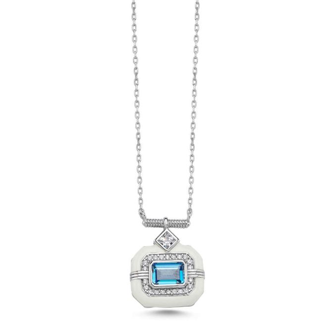 Octagon Blue White Enamel Trendy Women's Silver Necklace - 1