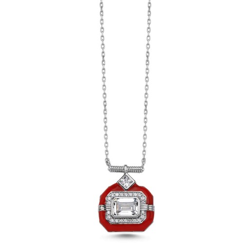 Octagon Red Enamel Trendy Women's Silver Necklace - CNG Jewels