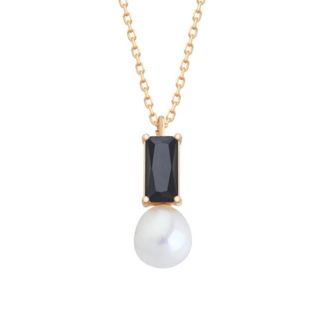Octagon Onyx Drop Real Pearl Women's Silver Necklace - 1